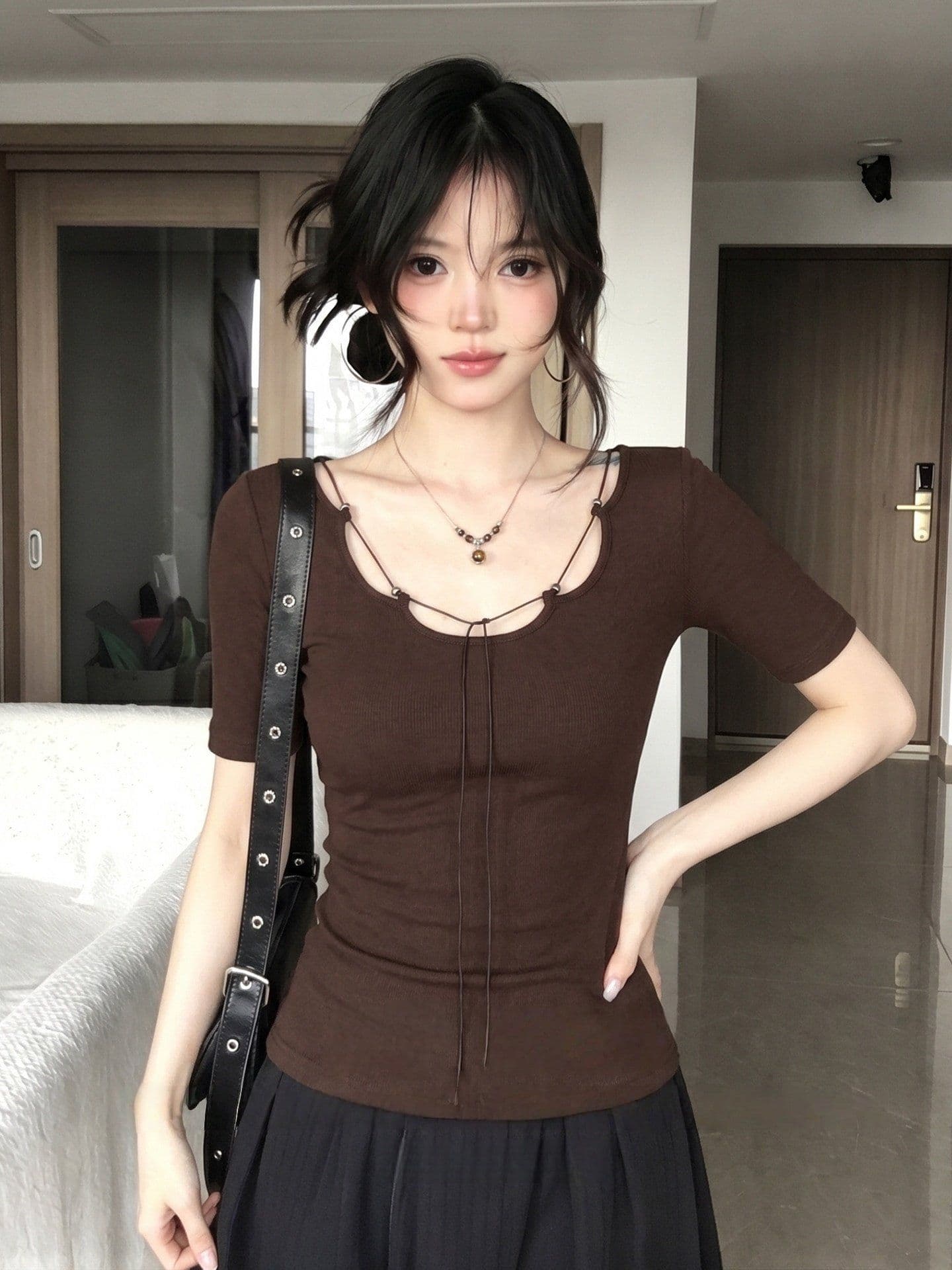260 그램 사람들 면 커피 색상 반팔 티셔츠 여성 여름 디자인 센스 몸매 가꾸기 슬림해 보이는 작은 대중 맨위 상세 이미지 8