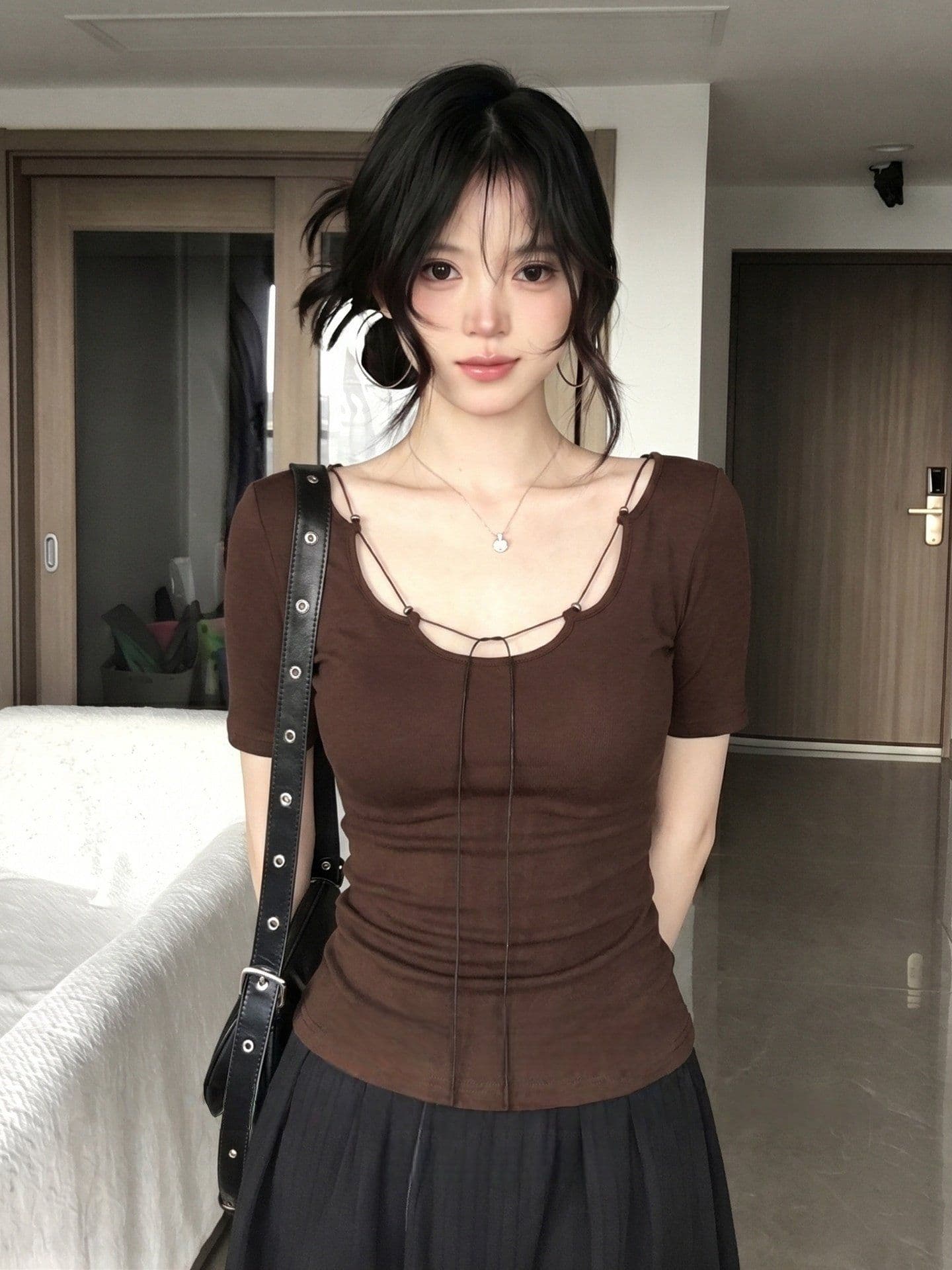 260 그램 사람들 면 커피 색상 반팔 티셔츠 여성 여름 디자인 센스 몸매 가꾸기 슬림해 보이는 작은 대중 맨위 상세 이미지 9