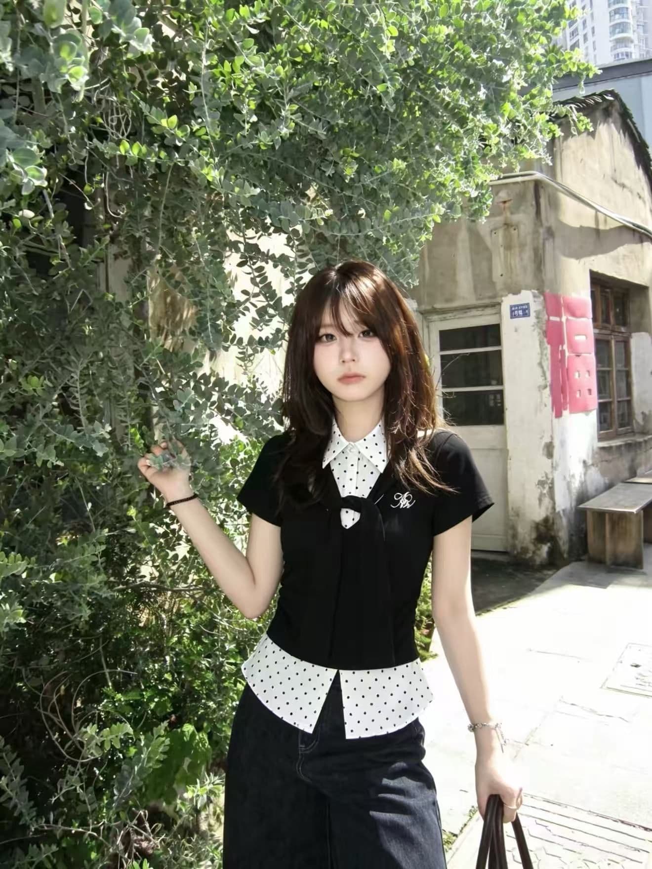 정가 달콤함 부드러운 바람 도트 무늬 POLO 칼라 티셔츠 여성 여름 새로운 디자인 페이크 레이어드 품격 슬림해 보이는 맨위 이미지 2