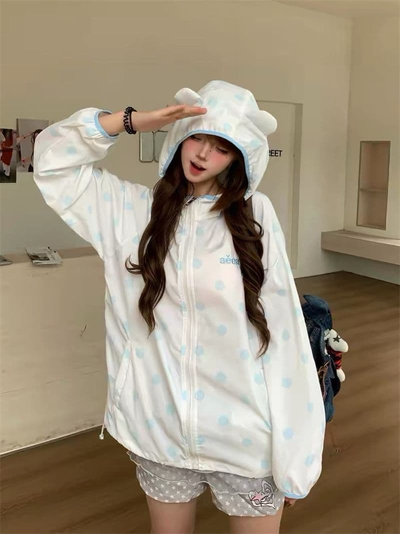 원본 솜씨 귀 부형제 차가운 센스 차가운 미끄러짐 원본 원단 도트 무늬 더블 모자 자외선 차단 재킷
