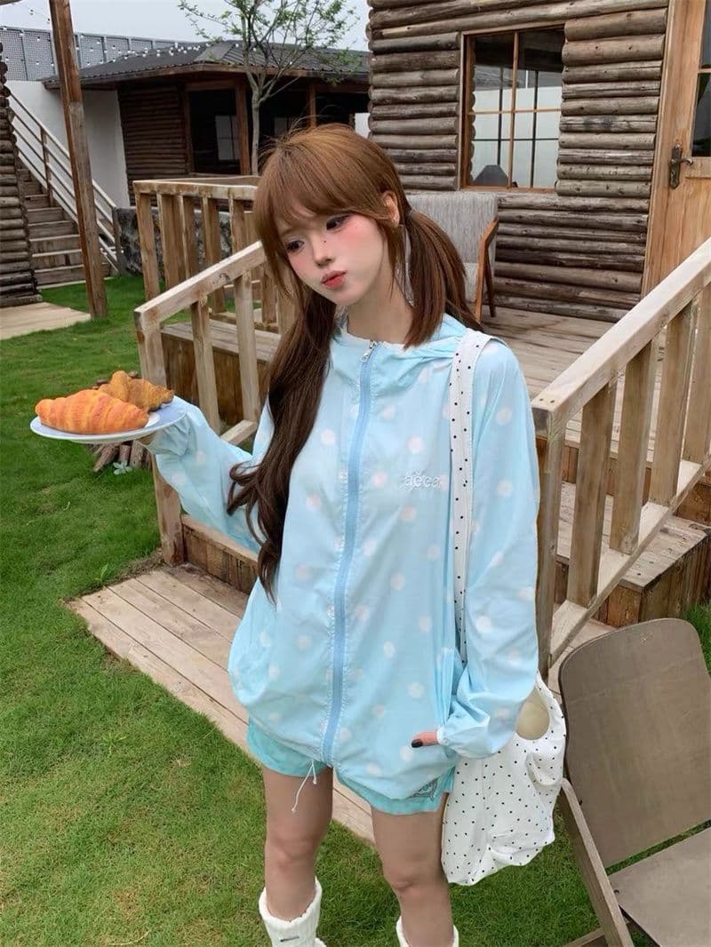 원본 솜씨 귀 부형제 차가운 센스 차가운 미끄러짐 원본 원단 도트 무늬 더블 모자 자외선 차단 재킷 이미지 4