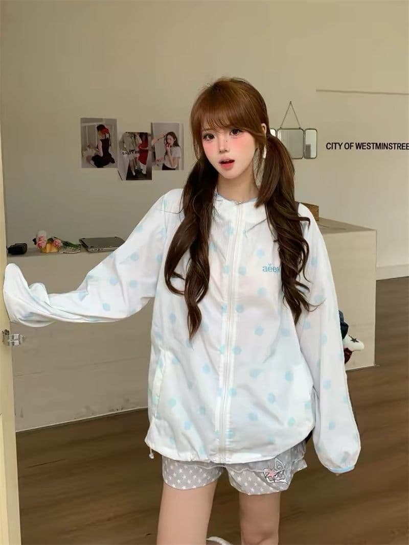 원본 솜씨 귀 부형제 차가운 센스 차가운 미끄러짐 원본 원단 도트 무늬 더블 모자 자외선 차단 재킷 상세 이미지 5