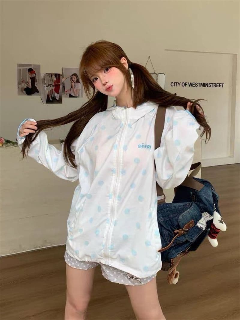 원본 솜씨 귀 부형제 차가운 센스 차가운 미끄러짐 원본 원단 도트 무늬 더블 모자 자외선 차단 재킷 상세 이미지 6