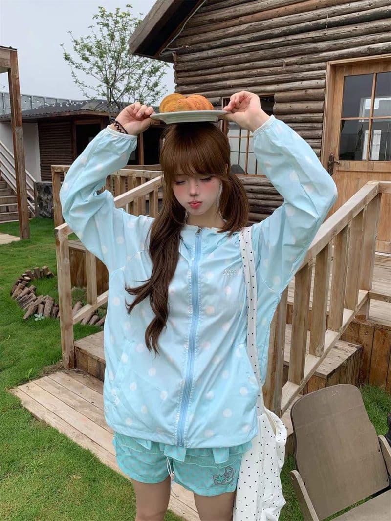 원본 솜씨 귀 부형제 차가운 센스 차가운 미끄러짐 원본 원단 도트 무늬 더블 모자 자외선 차단 재킷 상세 이미지 9