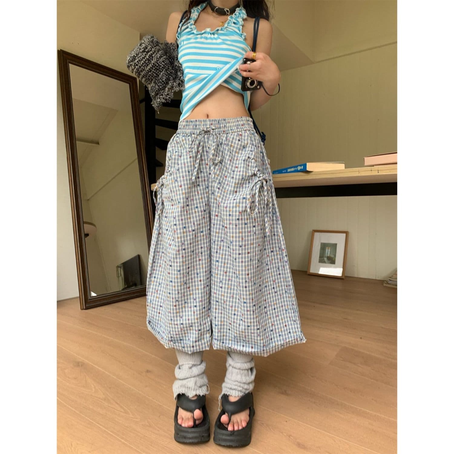 원본 전체 인쇄 자수 색상 포인트 7부 바지 여성 뒤에 별 자수 루즈핏 스트레이트 넓은 다리 넓은 다리 바지