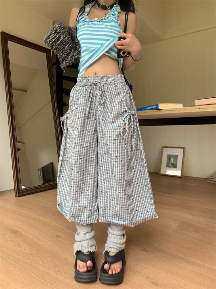 원본 전체 인쇄 자수 색상 포인트 7부 바지 여성 뒤에 별 자수 루즈핏 스트레이트 넓은 다리 넓은 다리 바지 상세 이미지 2