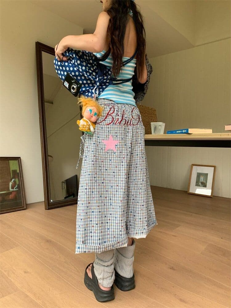 원본 전체 인쇄 자수 색상 포인트 7부 바지 여성 뒤에 별 자수 루즈핏 스트레이트 넓은 다리 넓은 다리 바지 상세 이미지 5