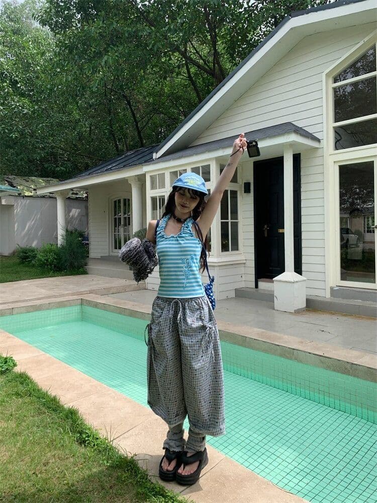 원본 전체 인쇄 자수 색상 포인트 7부 바지 여성 뒤에 별 자수 루즈핏 스트레이트 넓은 다리 넓은 다리 바지 상세 이미지 9