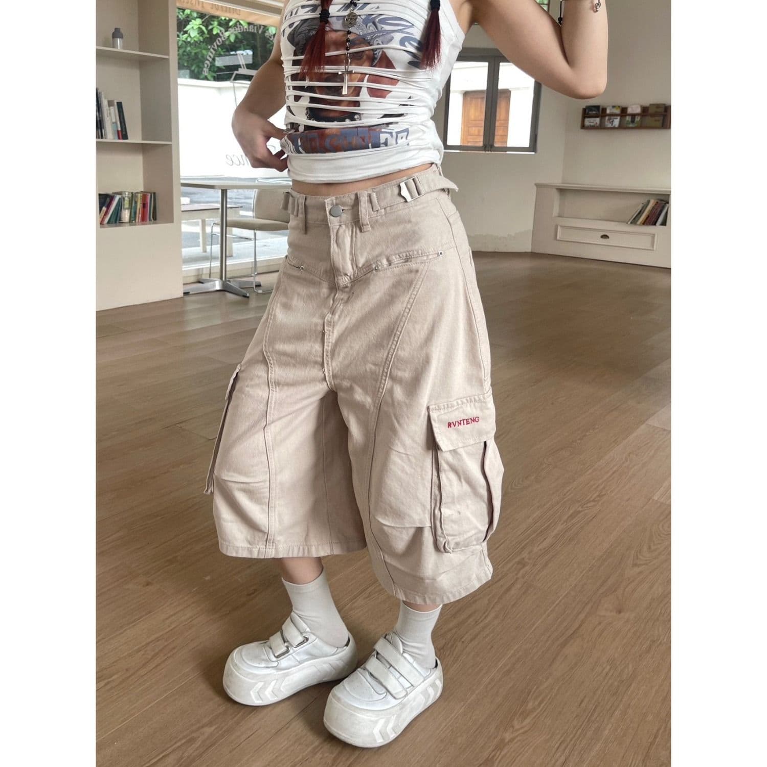원본 슈퍼 부드러운 워싱 순면 디자인 센스 기타 주머니 7부 바지 여성 여름 거리 루즈핏 넓은 다리가 짧다. 바지 이미지 4