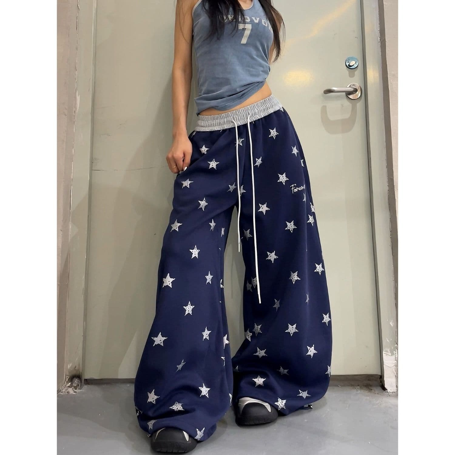 순면 은 분말 전체 인쇄 허리 머리 패치워크 별 전체 인쇄 루즈핏 넓은 다리 운동 바지 레트로 남녀 긴 바지 상세 이미지 9