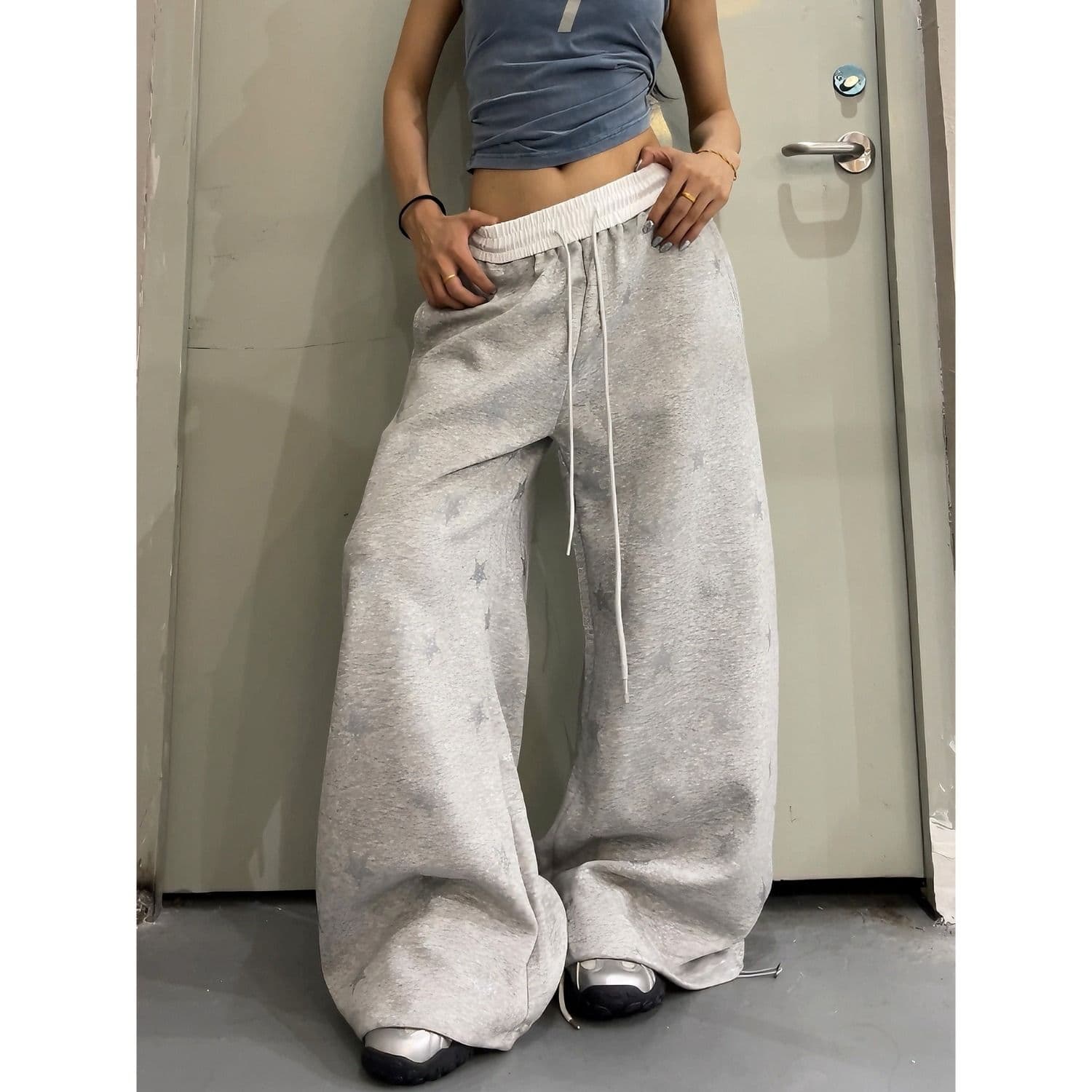 순면 은 분말 전체 인쇄 허리 머리 패치워크 별 전체 인쇄 루즈핏 넓은 다리 운동 바지 레트로 남녀 긴 바지 상세 이미지 10