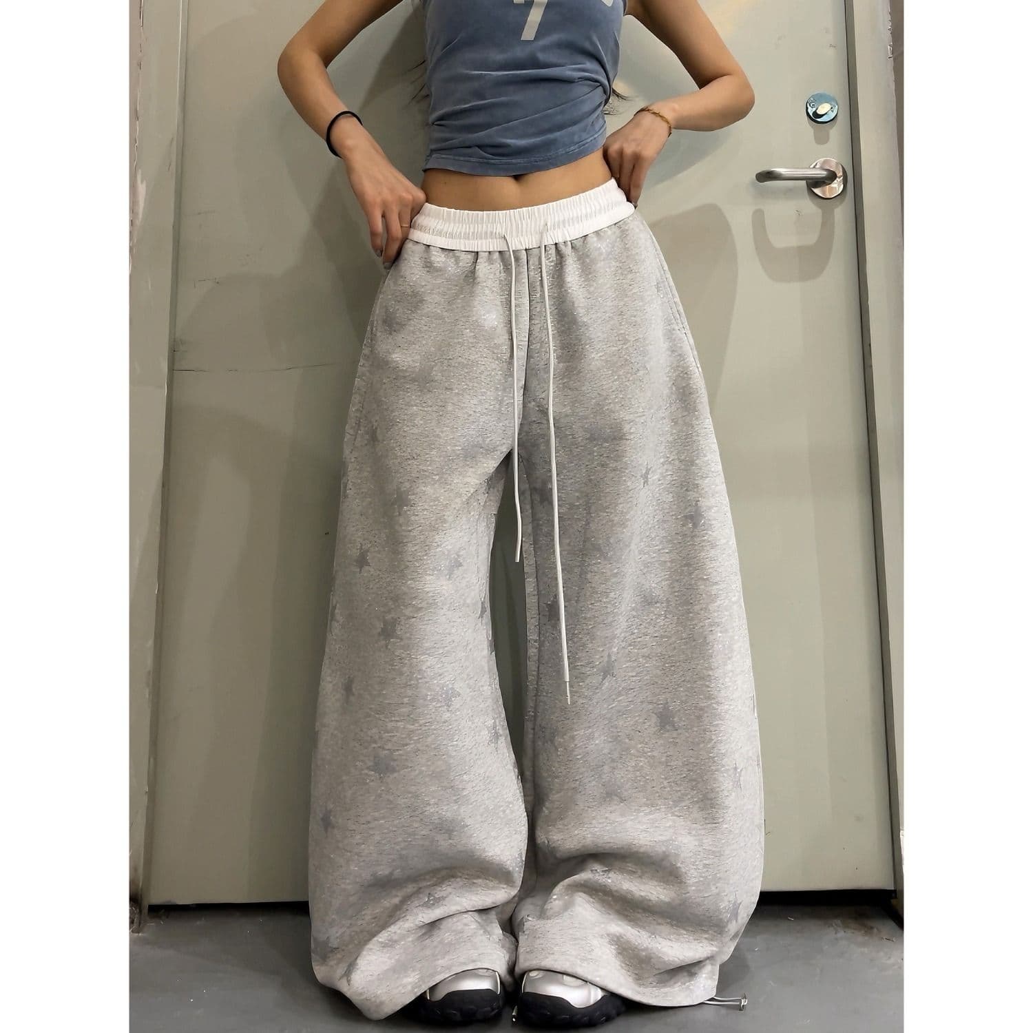 순면 은 분말 전체 인쇄 허리 머리 패치워크 별 전체 인쇄 루즈핏 넓은 다리 운동 바지 레트로 남녀 긴 바지 상세 이미지 12