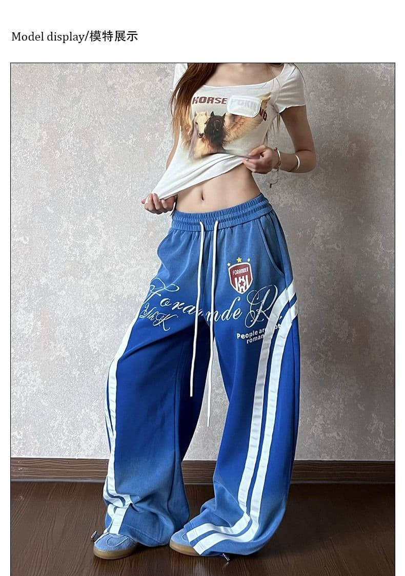 순면 패치워크 마 오래된 아메리칸 거리 패치워크 알파벳 프린트 캐주얼 바지 여성 루즈핏 펌프 로프 넓은 다리 모통이 칼 상세 이미지 6