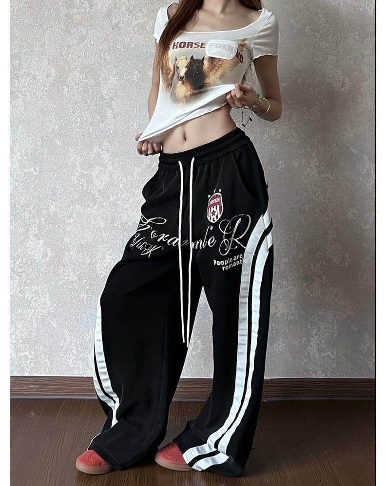 순면 패치워크 마 오래된 아메리칸 거리 패치워크 알파벳 프린트 캐주얼 바지 여성 루즈핏 펌프 로프 넓은 다리 모통이 칼 상세 이미지 14