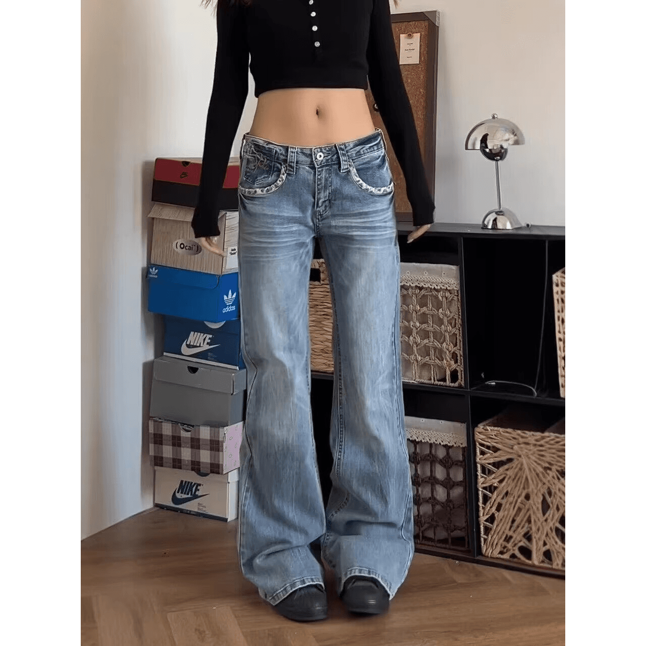 아메리칸 레트로 레오파드 무늬 패치워크 워싱 청바지 여성 디자인 센스 다용도 스트레이트 몸매 가꾸기 슬림해 보이는 긴 바지 이미지 2