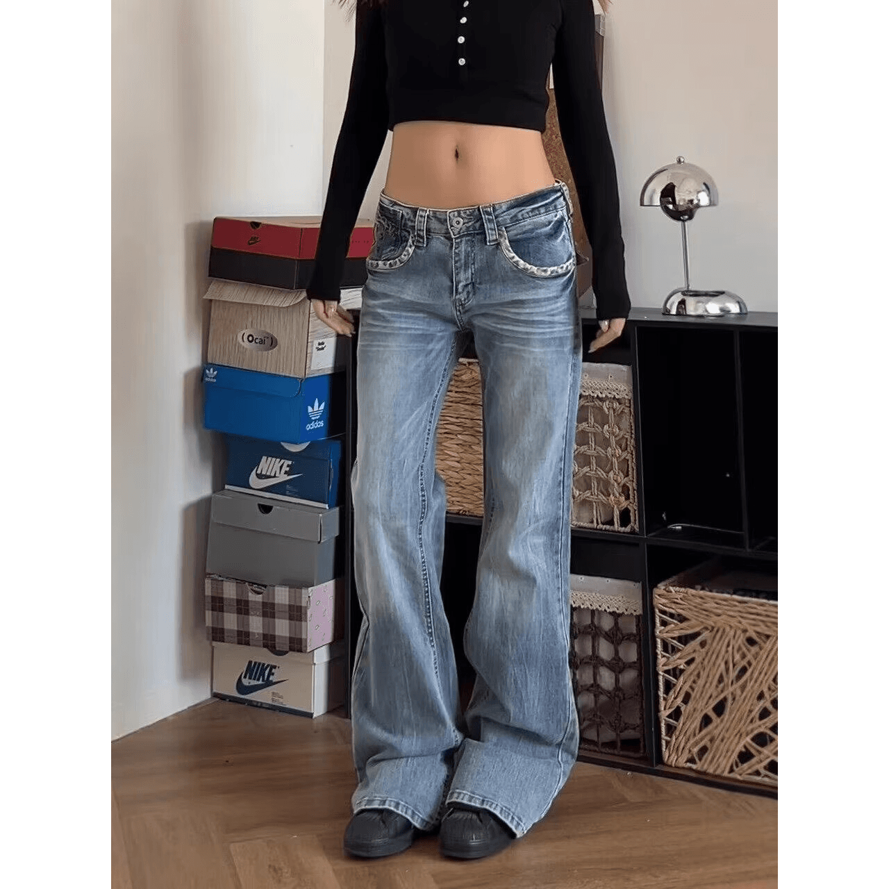 아메리칸 레트로 레오파드 무늬 패치워크 워싱 청바지 여성 디자인 센스 다용도 스트레이트 몸매 가꾸기 슬림해 보이는 긴 바지 이미지 6