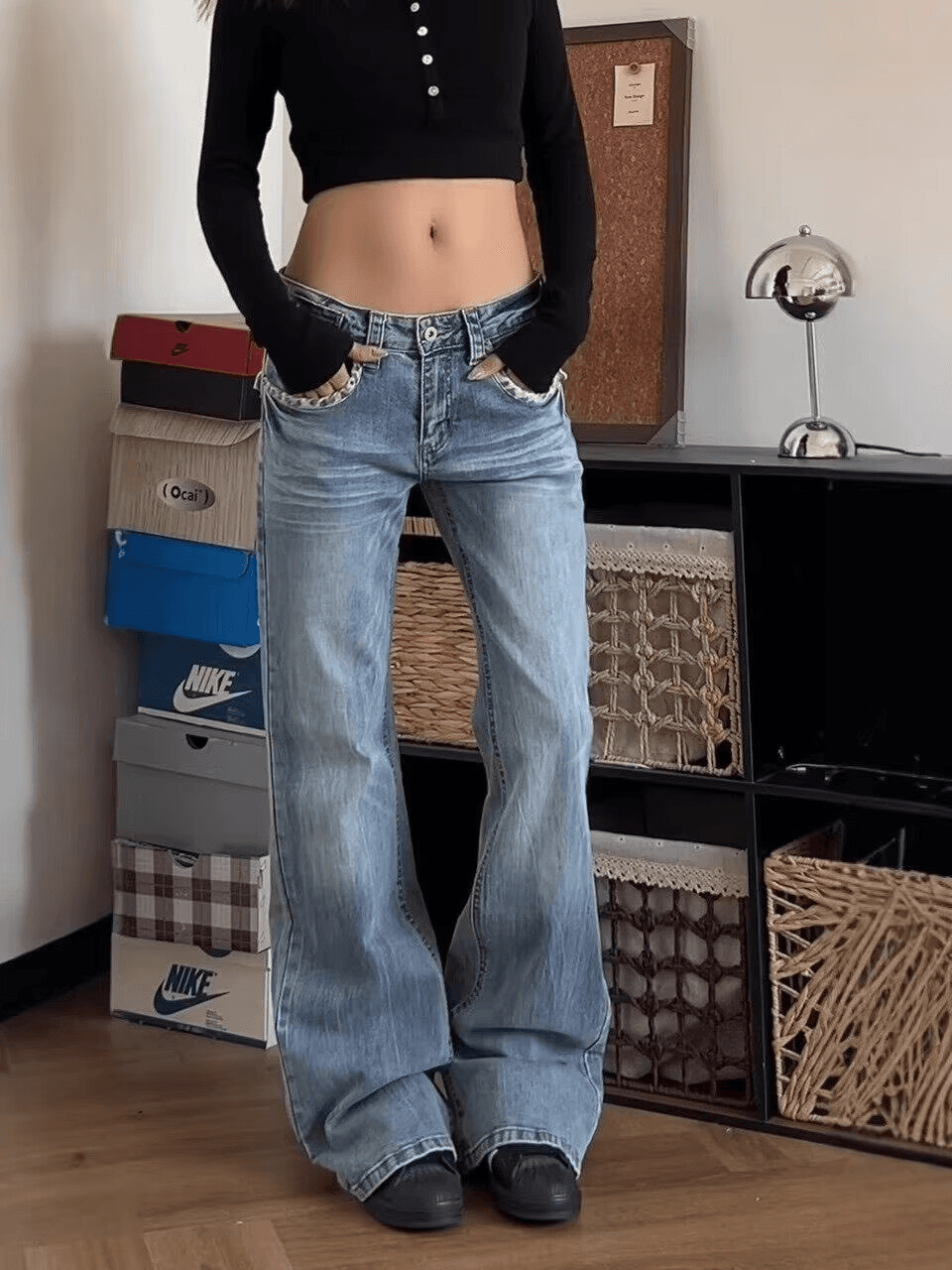 아메리칸 레트로 레오파드 무늬 패치워크 워싱 청바지 여성 디자인 센스 다용도 스트레이트 몸매 가꾸기 슬림해 보이는 긴 바지 상세 이미지 4