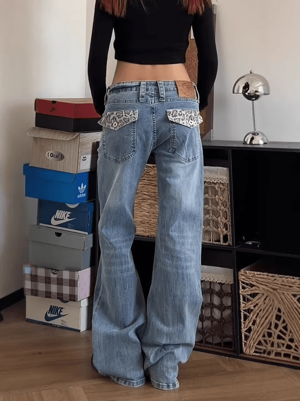 아메리칸 레트로 레오파드 무늬 패치워크 워싱 청바지 여성 디자인 센스 다용도 스트레이트 몸매 가꾸기 슬림해 보이는 긴 바지 상세 이미지 5