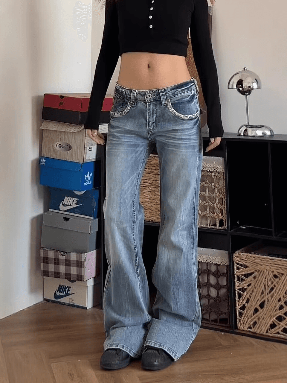 아메리칸 레트로 레오파드 무늬 패치워크 워싱 청바지 여성 디자인 센스 다용도 스트레이트 몸매 가꾸기 슬림해 보이는 긴 바지 상세 이미지 6