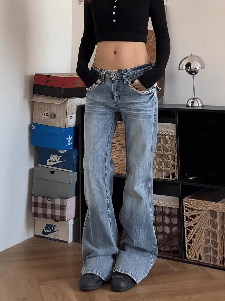 아메리칸 레트로 레오파드 무늬 패치워크 워싱 청바지 여성 디자인 센스 다용도 스트레이트 몸매 가꾸기 슬림해 보이는 긴 바지 상세 이미지 8