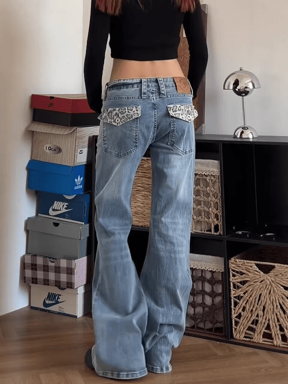 아메리칸 레트로 레오파드 무늬 패치워크 워싱 청바지 여성 디자인 센스 다용도 스트레이트 몸매 가꾸기 슬림해 보이는 긴 바지 상세 이미지 9