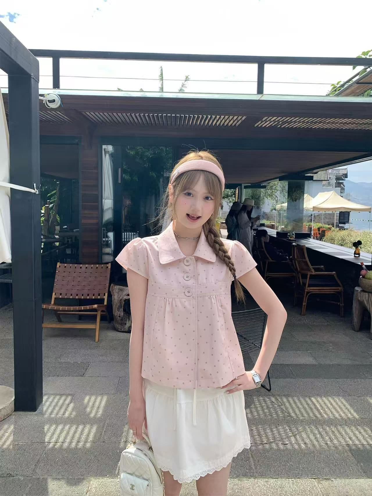 원본 원단 달콤함 소녀 바람 핑크색 베이비 칼라 도트 무늬 반팔 여성 셔츠 여름 새로운 슬림해 보이는 맨위 이미지 2