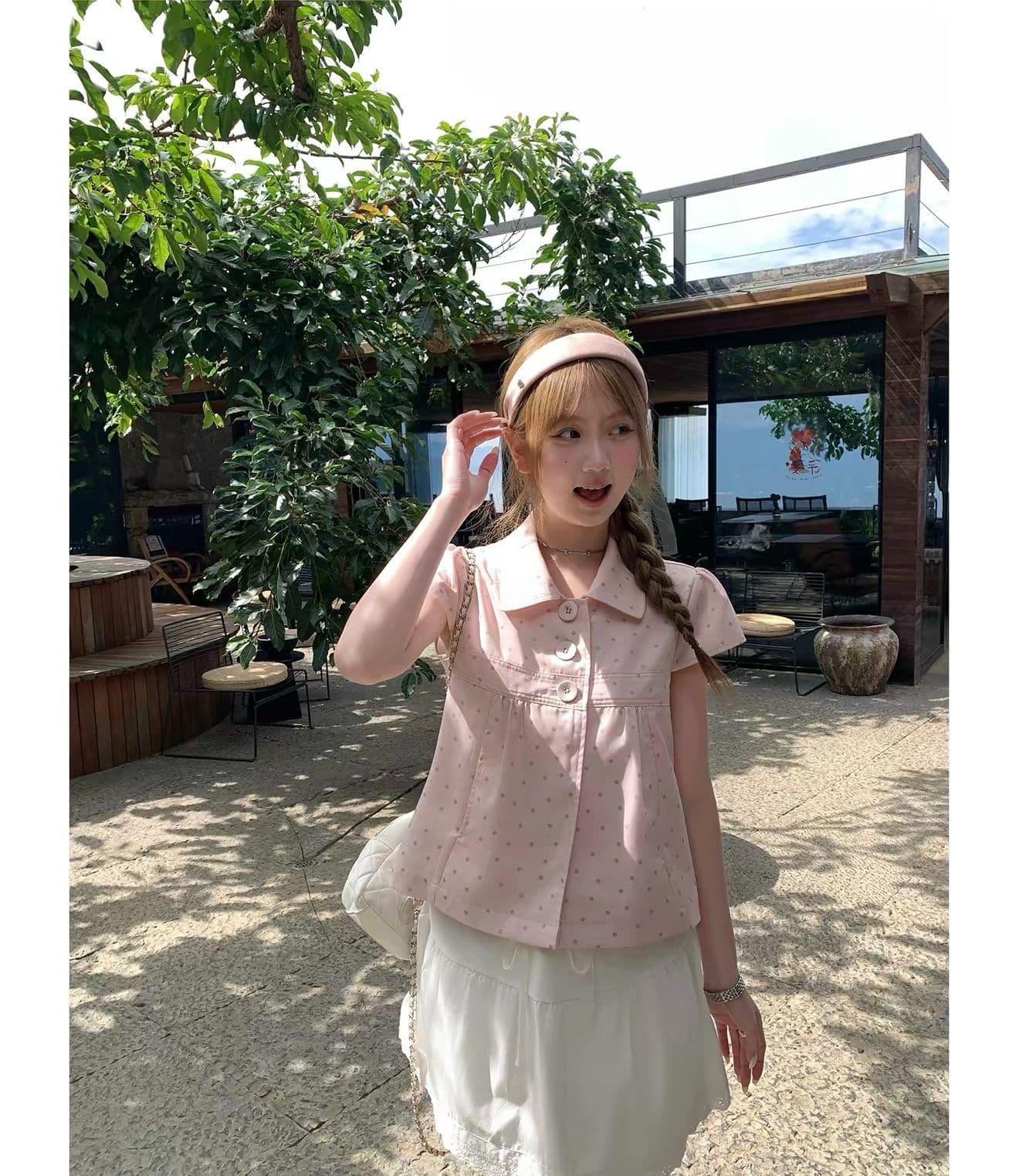 원본 원단 달콤함 소녀 바람 핑크색 베이비 칼라 도트 무늬 반팔 여성 셔츠 여름 새로운 슬림해 보이는 맨위 이미지 3