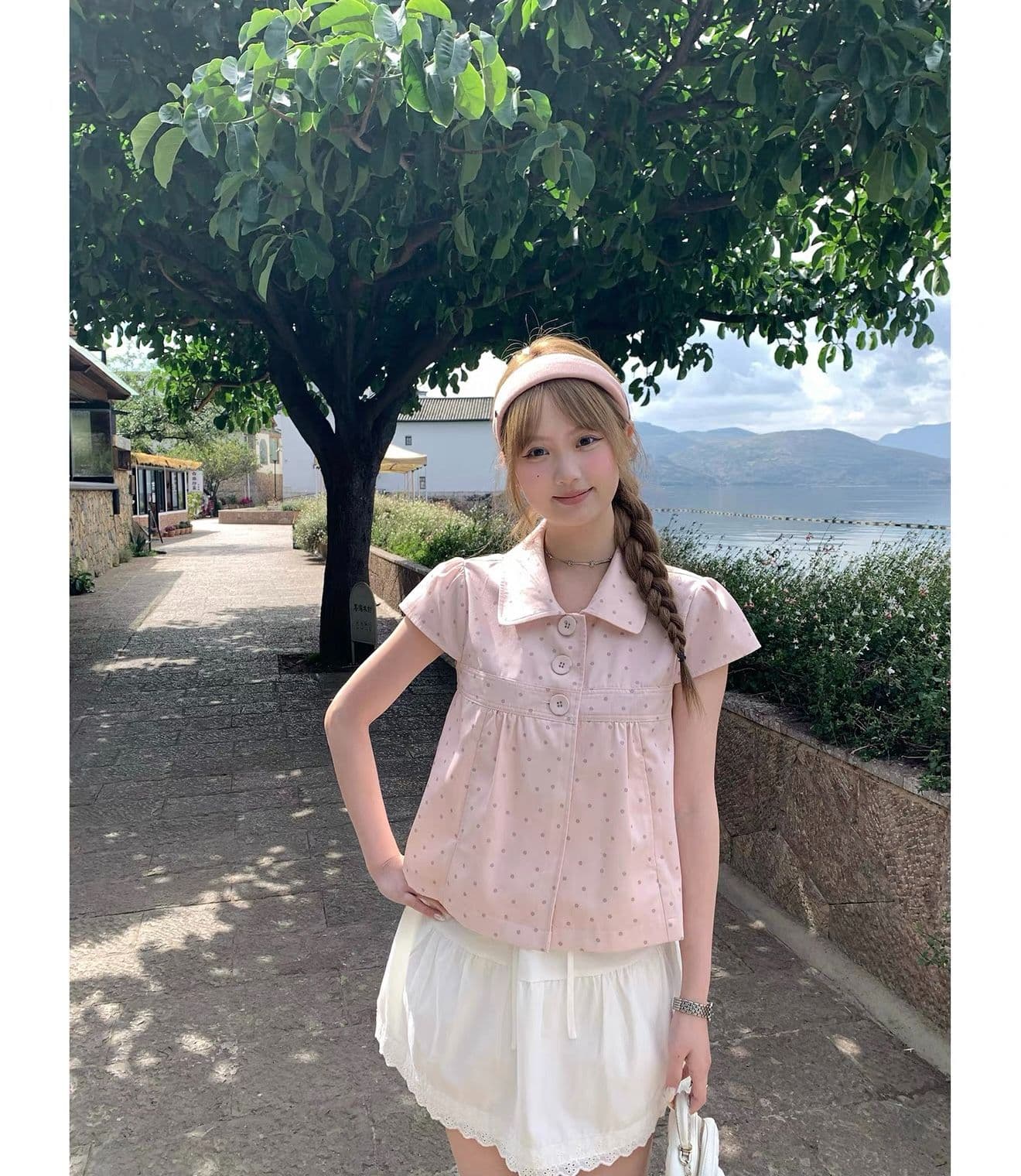 원본 원단 달콤함 소녀 바람 핑크색 베이비 칼라 도트 무늬 반팔 여성 셔츠 여름 새로운 슬림해 보이는 맨위 이미지 4