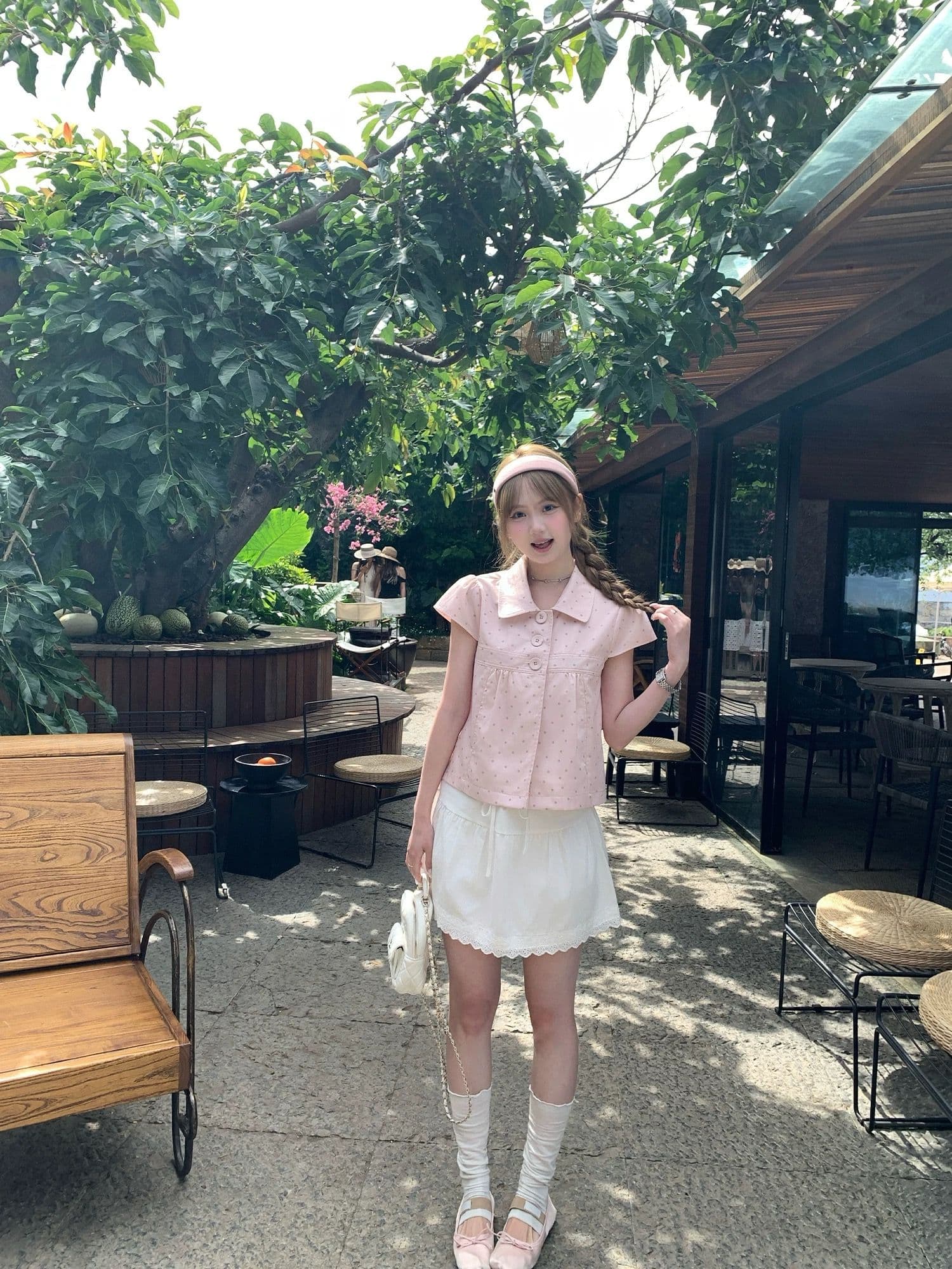 원본 원단 달콤함 소녀 바람 핑크색 베이비 칼라 도트 무늬 반팔 여성 셔츠 여름 새로운 슬림해 보이는 맨위 상세 이미지 1