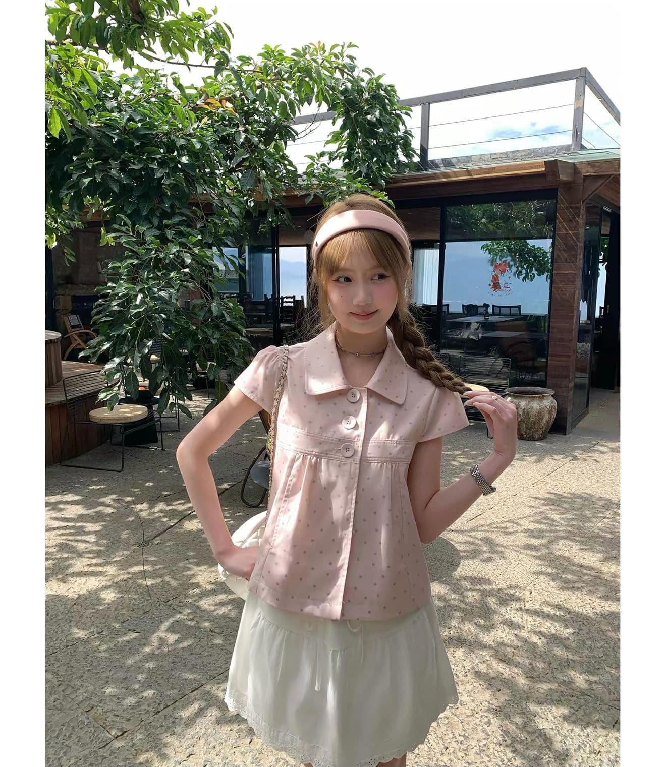 원본 원단 달콤함 소녀 바람 핑크색 베이비 칼라 도트 무늬 반팔 여성 셔츠 여름 새로운 슬림해 보이는 맨위 상세 이미지 2