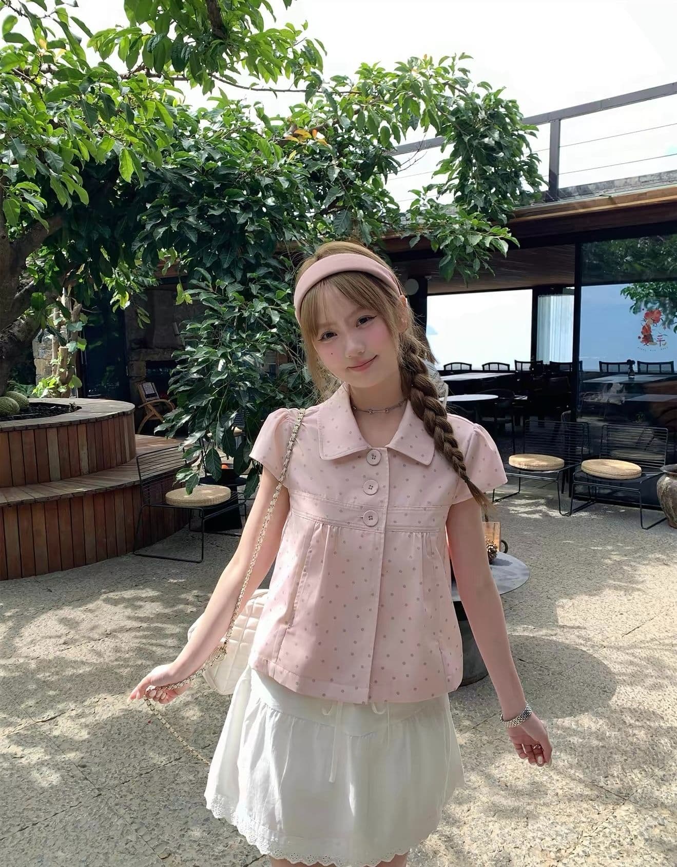 원본 원단 달콤함 소녀 바람 핑크색 베이비 칼라 도트 무늬 반팔 여성 셔츠 여름 새로운 슬림해 보이는 맨위 상세 이미지 3
