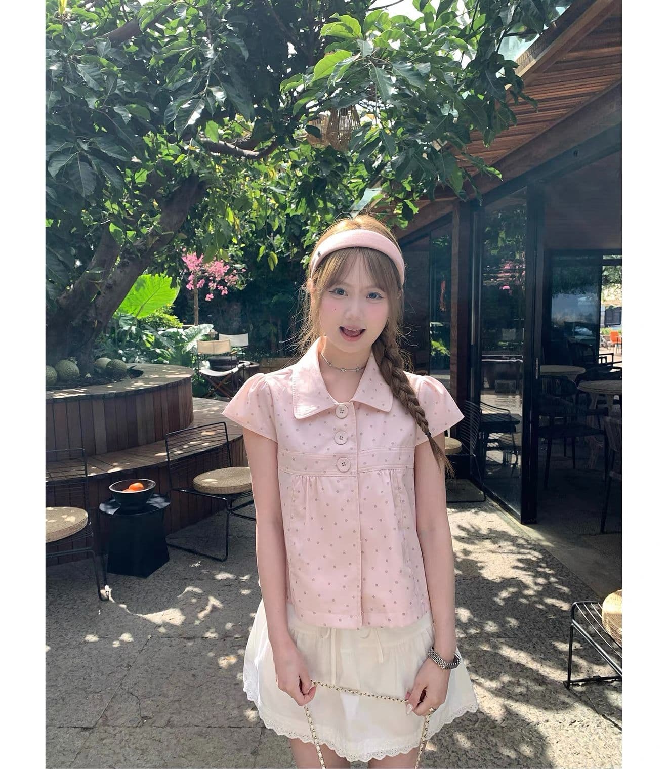 원본 원단 달콤함 소녀 바람 핑크색 베이비 칼라 도트 무늬 반팔 여성 셔츠 여름 새로운 슬림해 보이는 맨위 상세 이미지 4