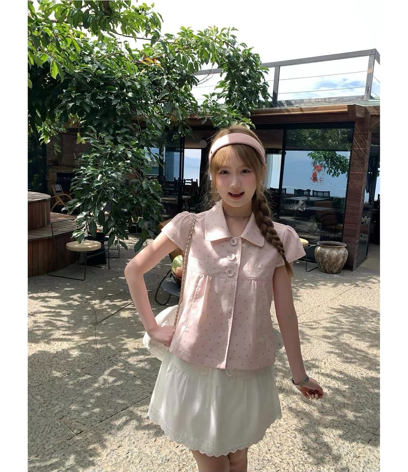 원본 원단 달콤함 소녀 바람 핑크색 베이비 칼라 도트 무늬 반팔 여성 셔츠 여름 새로운 슬림해 보이는 맨위 상세 이미지 5
