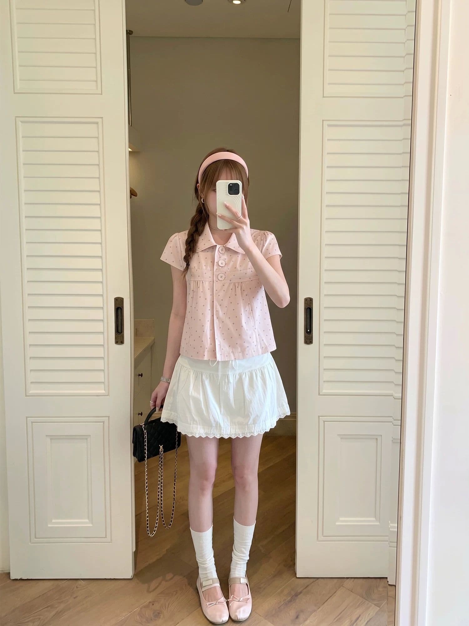 원본 원단 달콤함 소녀 바람 핑크색 베이비 칼라 도트 무늬 반팔 여성 셔츠 여름 새로운 슬림해 보이는 맨위 상세 이미지 9