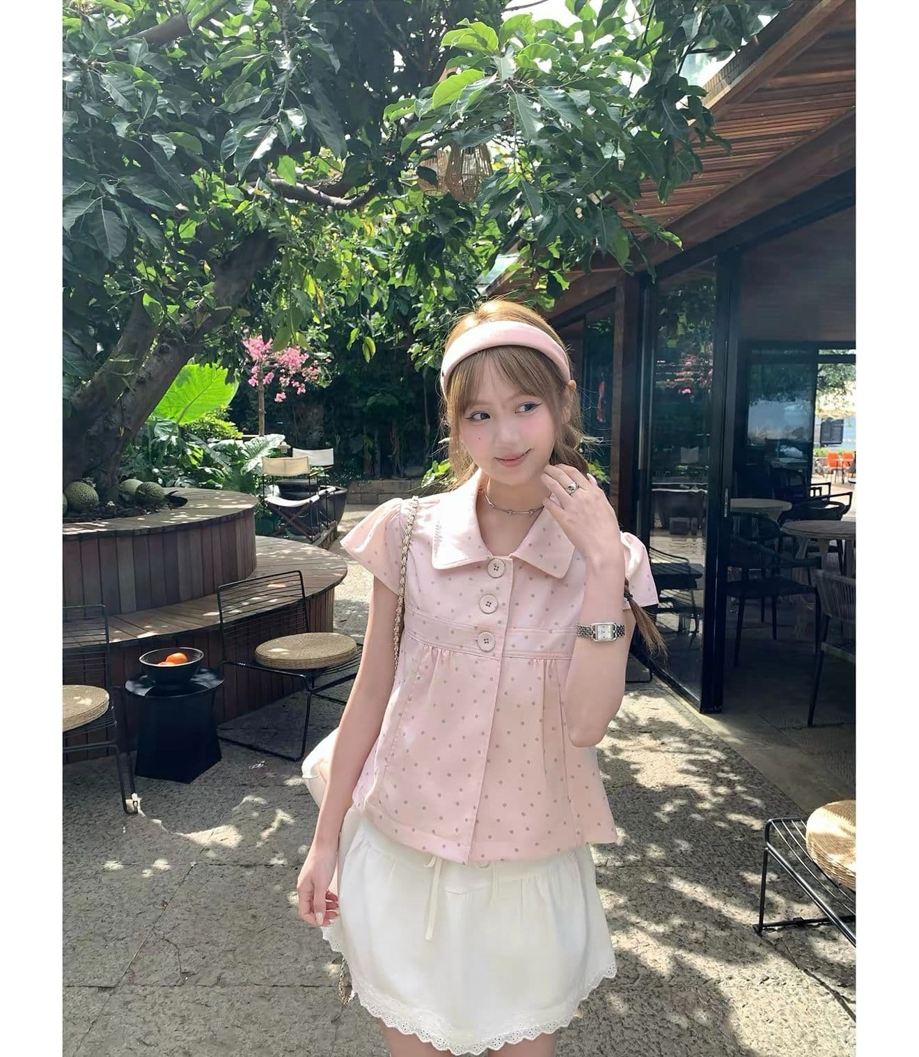 원본 원단 달콤함 소녀 바람 핑크색 베이비 칼라 도트 무늬 반팔 여성 셔츠 여름 새로운 슬림해 보이는 맨위 상세 이미지 10