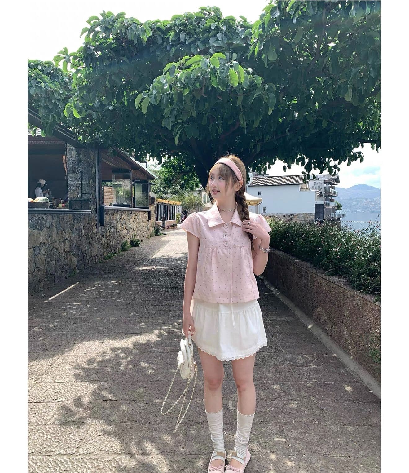 원본 원단 달콤함 소녀 바람 핑크색 베이비 칼라 도트 무늬 반팔 여성 셔츠 여름 새로운 슬림해 보이는 맨위 상세 이미지 12