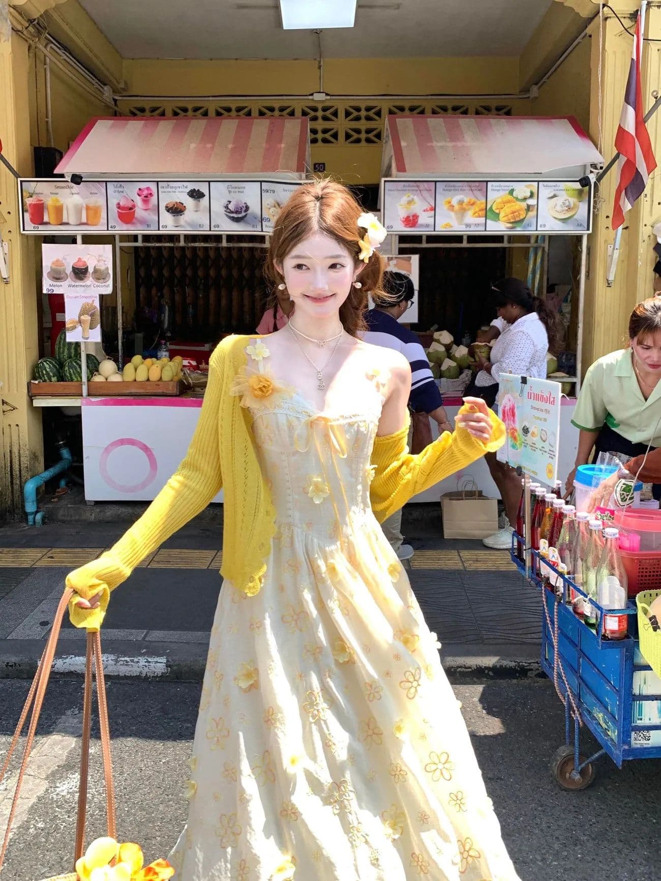 버터 데이지 분위기 센스 휴가 바람 황색 레이스 슬립 꽃무늬 드레스 황색 얇은 스타일 오픈 가디건 이미지 3