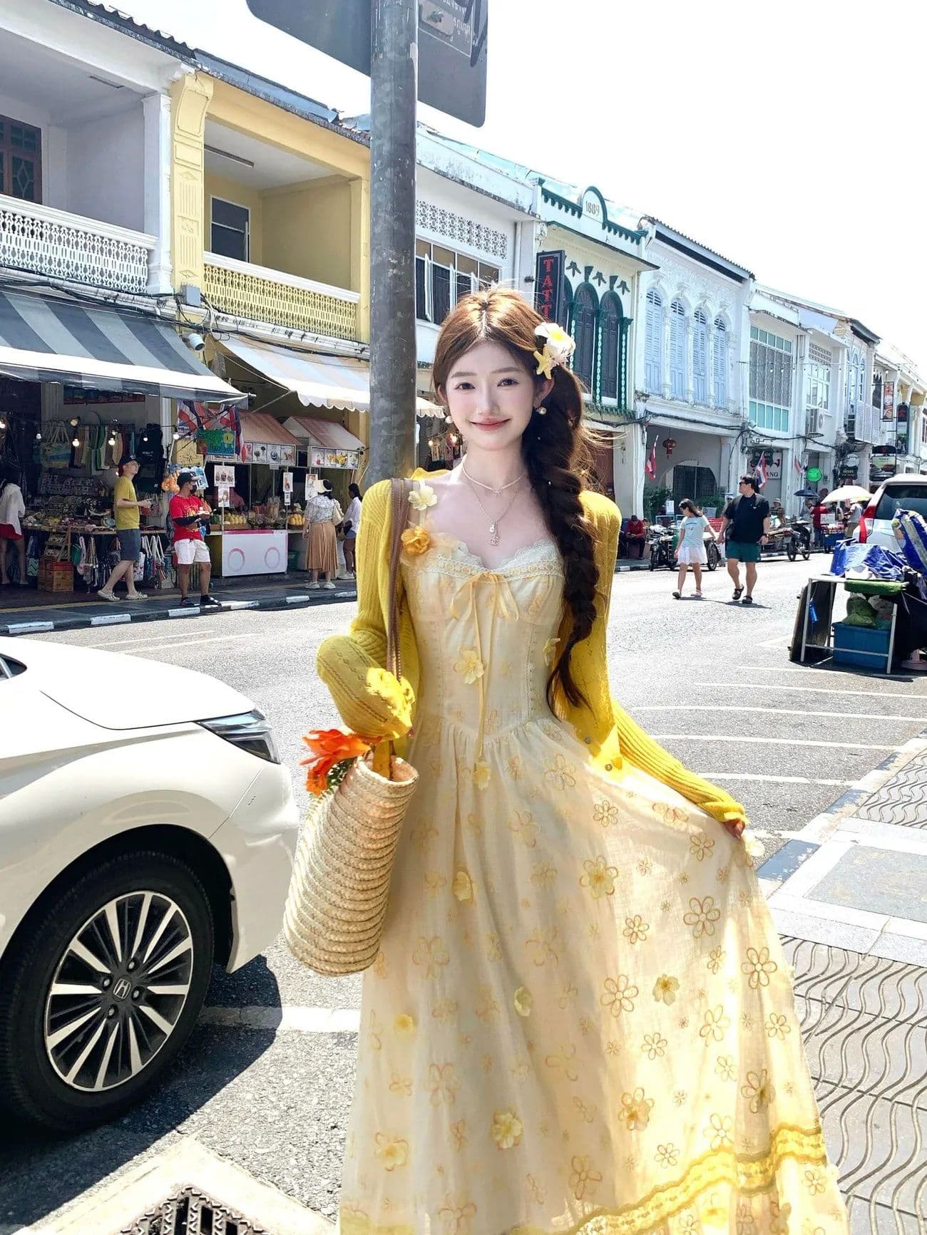 버터 데이지 분위기 센스 휴가 바람 황색 레이스 슬립 꽃무늬 드레스 황색 얇은 스타일 오픈 가디건 상세 이미지 6