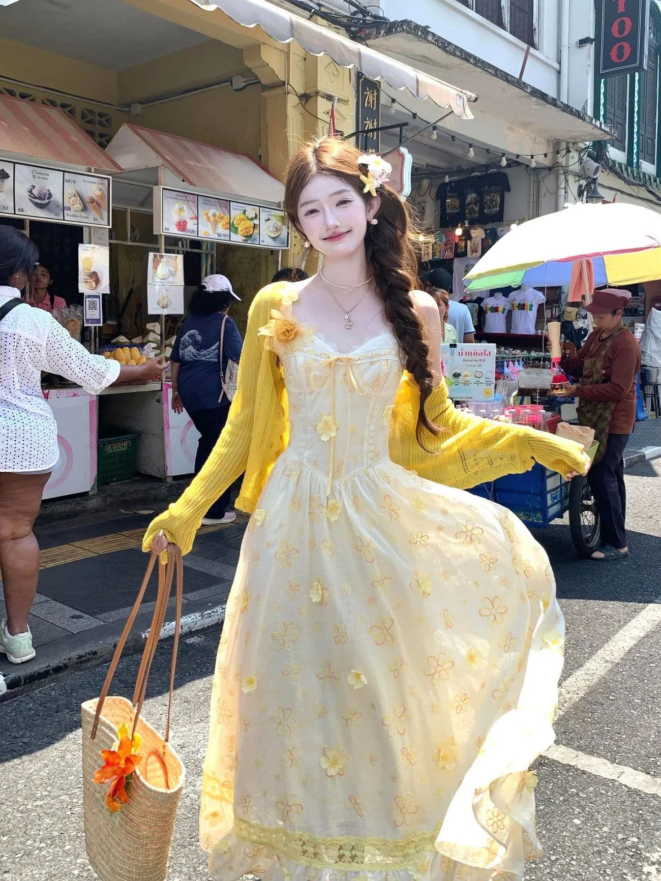 버터 데이지 분위기 센스 휴가 바람 황색 레이스 슬립 꽃무늬 드레스 황색 얇은 스타일 오픈 가디건 상세 이미지 9
