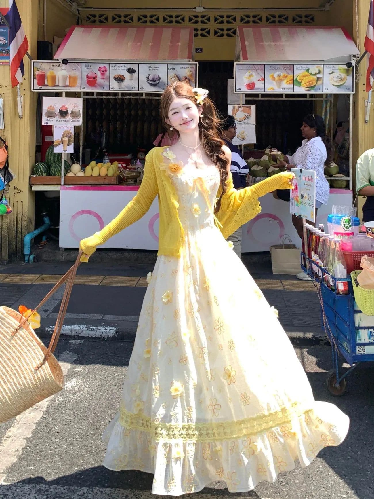 버터 데이지 분위기 센스 휴가 바람 황색 레이스 슬립 꽃무늬 드레스 황색 얇은 스타일 오픈 가디건 상세 이미지 10