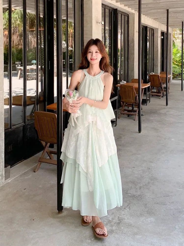 여름 한 부서 새로운 순수한 녹색 휴가 치마 절묘한 슬림해 보이는 꽃 레이스 조각 행침 목 드레스 롱 스커트