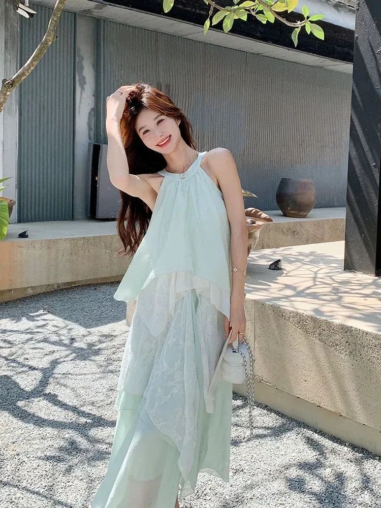 여름 한 부서 새로운 순수한 녹색 휴가 치마 절묘한 슬림해 보이는 꽃 레이스 조각 행침 목 드레스 롱 스커트 이미지 2
