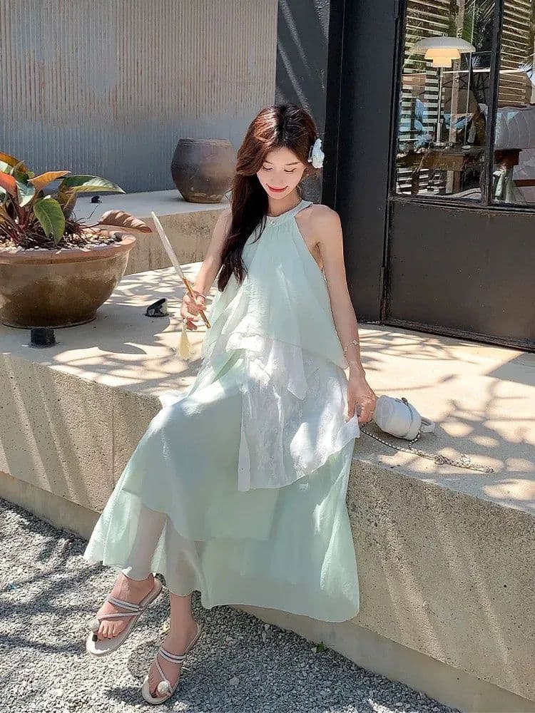 여름 한 부서 새로운 순수한 녹색 휴가 치마 절묘한 슬림해 보이는 꽃 레이스 조각 행침 목 드레스 롱 스커트 이미지 3