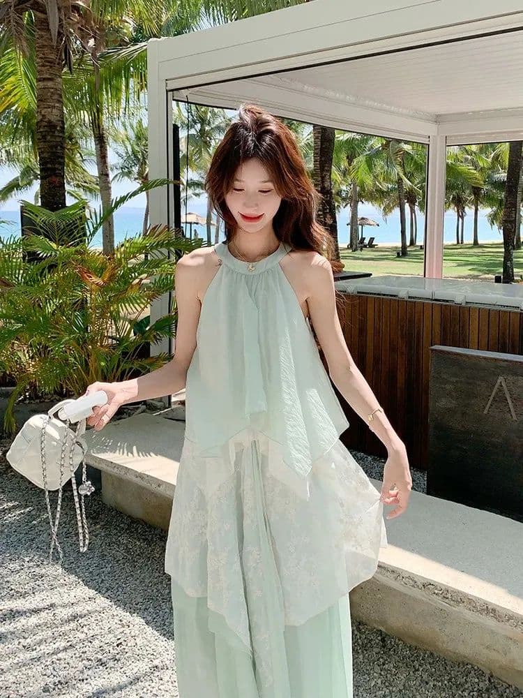 여름 한 부서 새로운 순수한 녹색 휴가 치마 절묘한 슬림해 보이는 꽃 레이스 조각 행침 목 드레스 롱 스커트 이미지 4