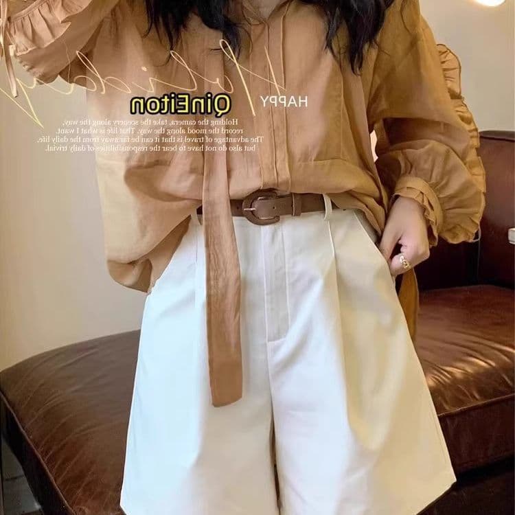 카키 색 워크웨어 반바지 여성 여름 얇은 스타일 루즈핏 한 마디 넓은 다리 바지 하이웨이스트 레트로 5 점 순면 바지 이미지 2