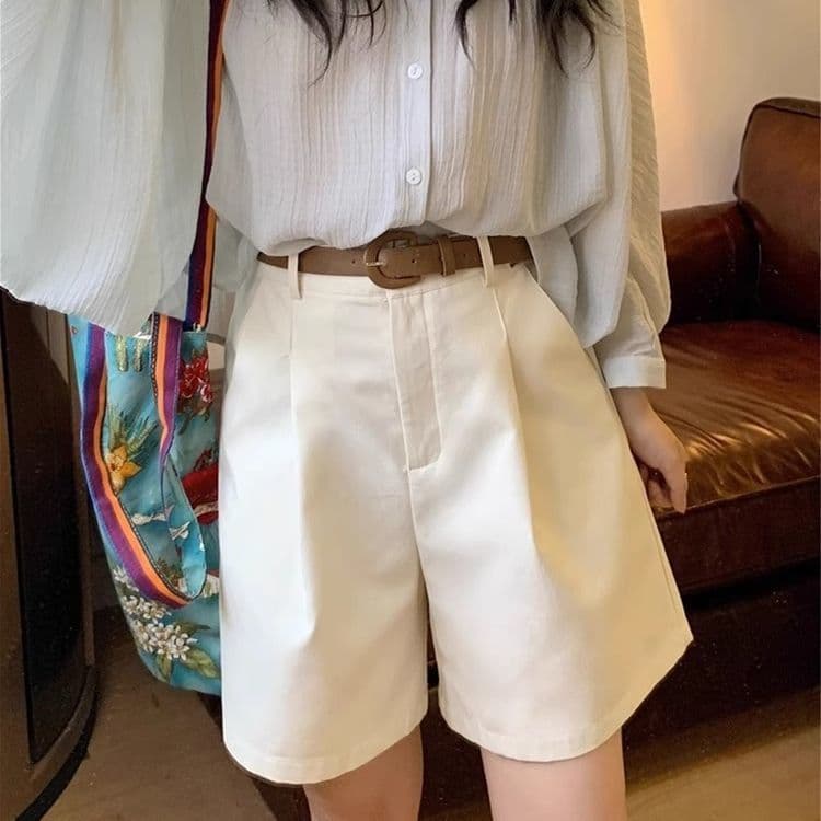 카키 색 워크웨어 반바지 여성 여름 얇은 스타일 루즈핏 한 마디 넓은 다리 바지 하이웨이스트 레트로 5 점 순면 바지 이미지 4