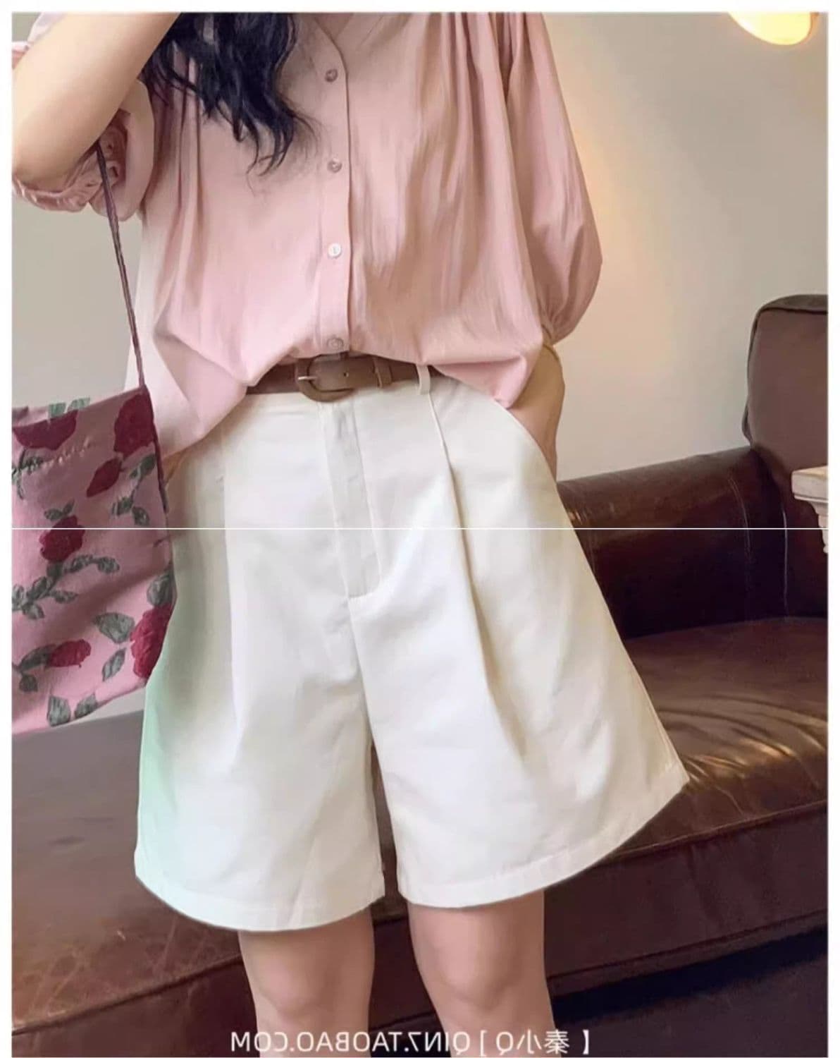 카키 색 워크웨어 반바지 여성 여름 얇은 스타일 루즈핏 한 마디 넓은 다리 바지 하이웨이스트 레트로 5 점 순면 바지 상세 이미지 3