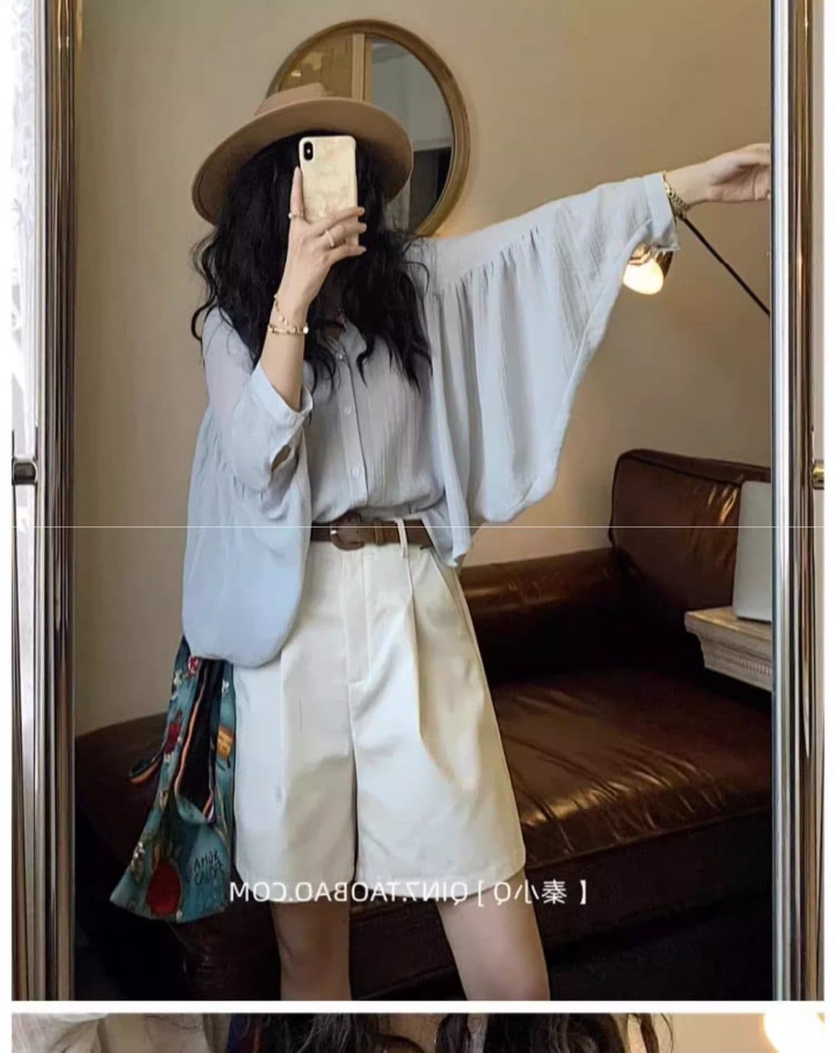 카키 색 워크웨어 반바지 여성 여름 얇은 스타일 루즈핏 한 마디 넓은 다리 바지 하이웨이스트 레트로 5 점 순면 바지 상세 이미지 17