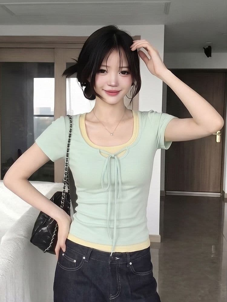 한 부서 박하 녹색 긍정적 인 어깨 반팔 티셔츠 여성 여름 허리 수축 쇼트 스타일 페이크 레이어드 맨위 상세 이미지 4