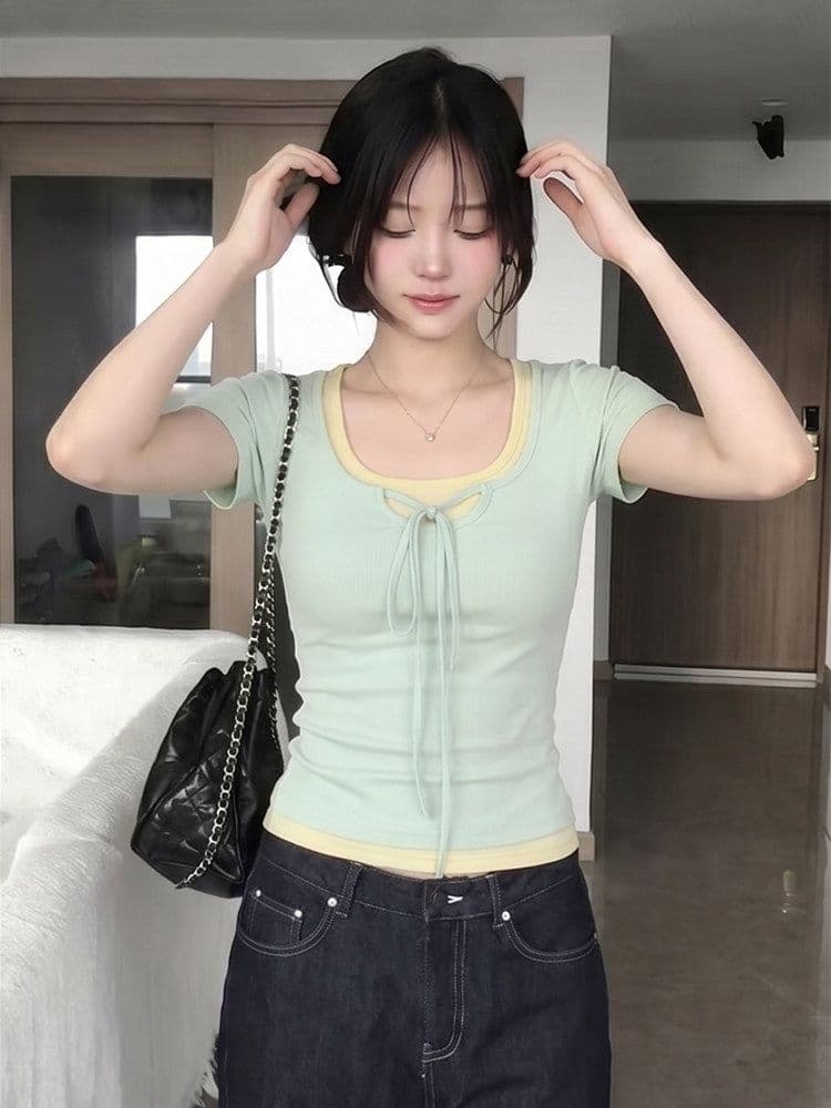 한 부서 박하 녹색 긍정적 인 어깨 반팔 티셔츠 여성 여름 허리 수축 쇼트 스타일 페이크 레이어드 맨위 상세 이미지 5